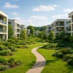 A beautifully landscaped residential estate featuring modern apartment buildings and a winding pathway through greenery.
