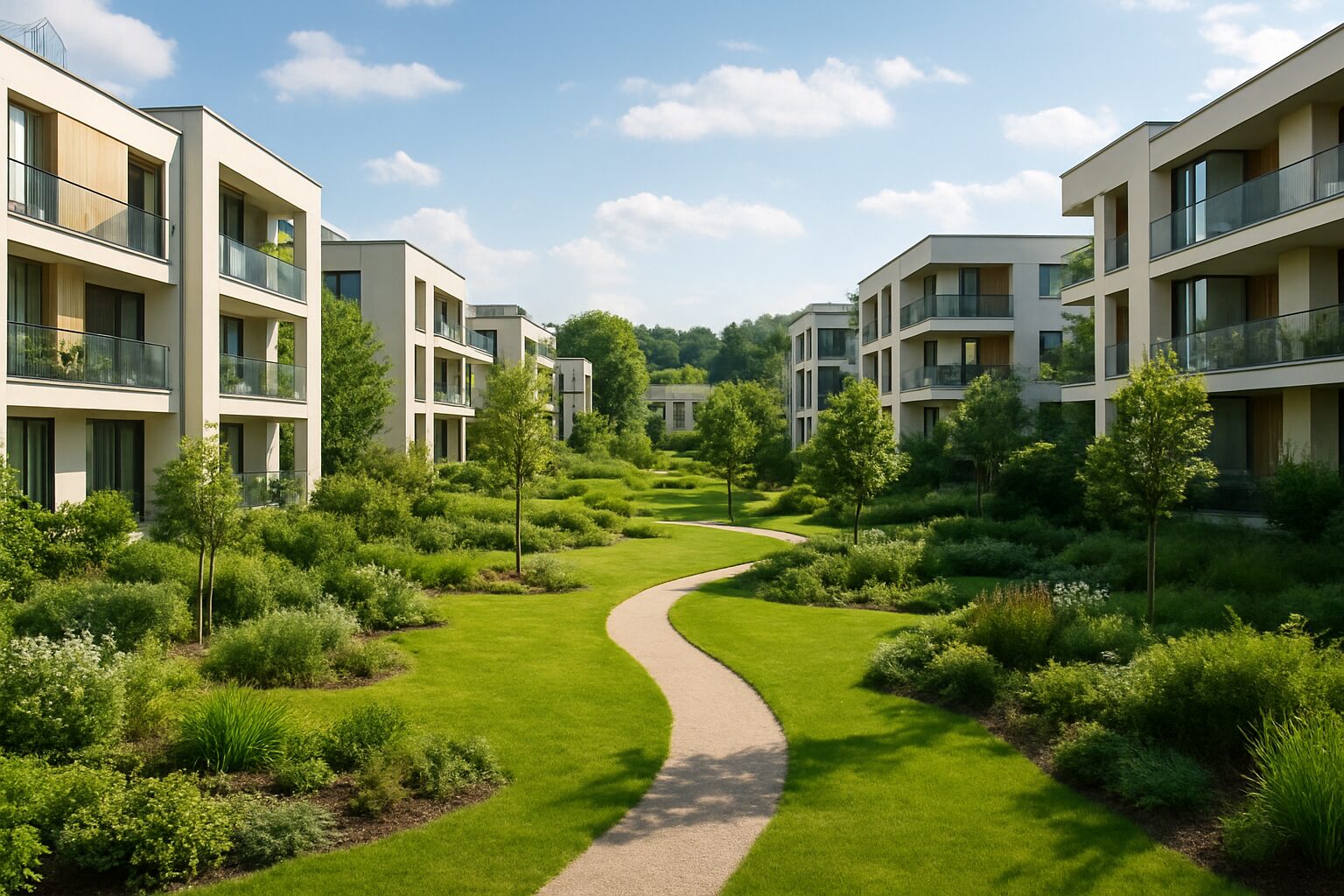 A beautifully landscaped residential estate featuring modern apartment buildings and a winding pathway through greenery.